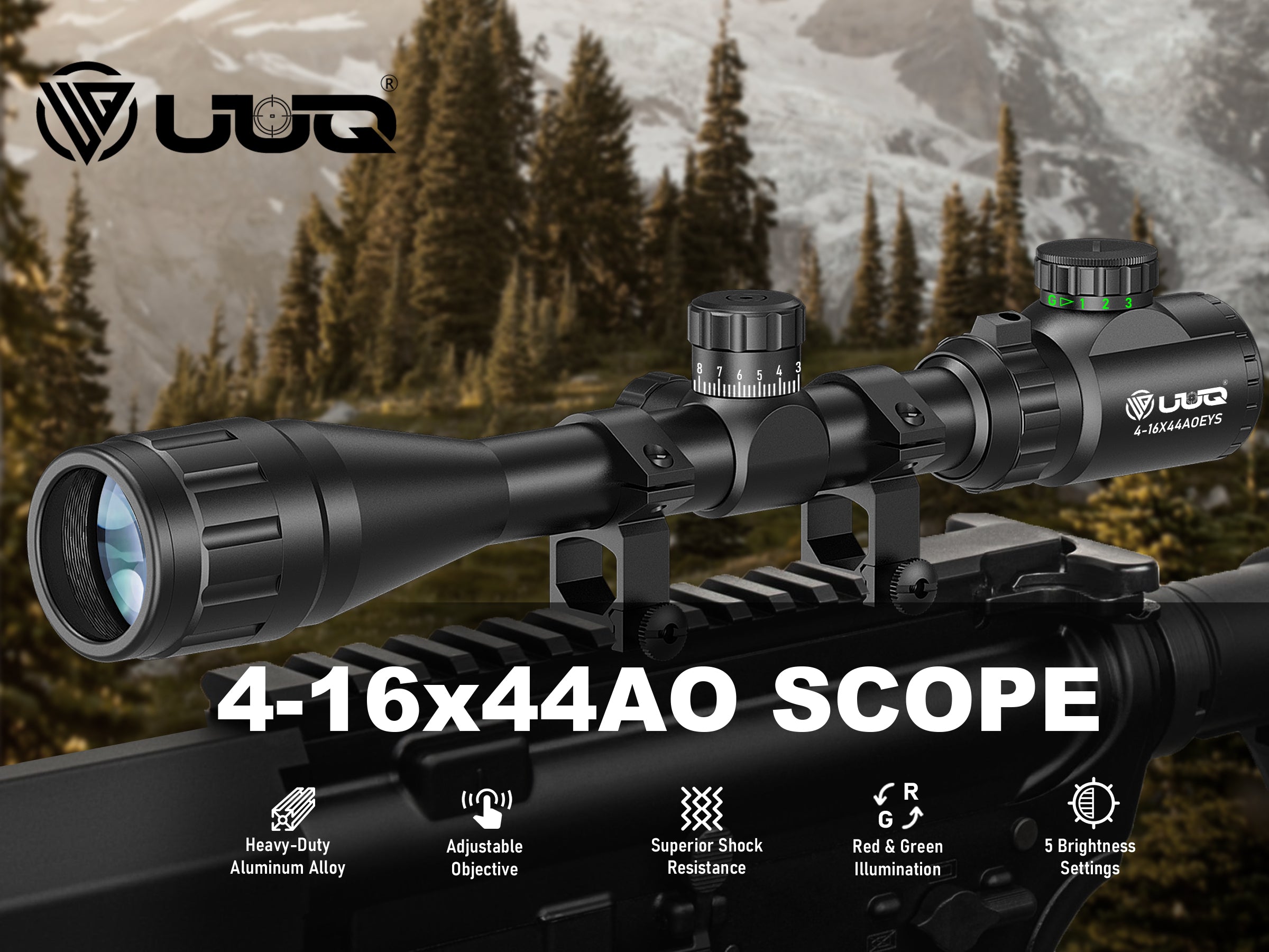 4-16x44AO scope, aluminum alloy, red and green illumination, 5 brightness settings