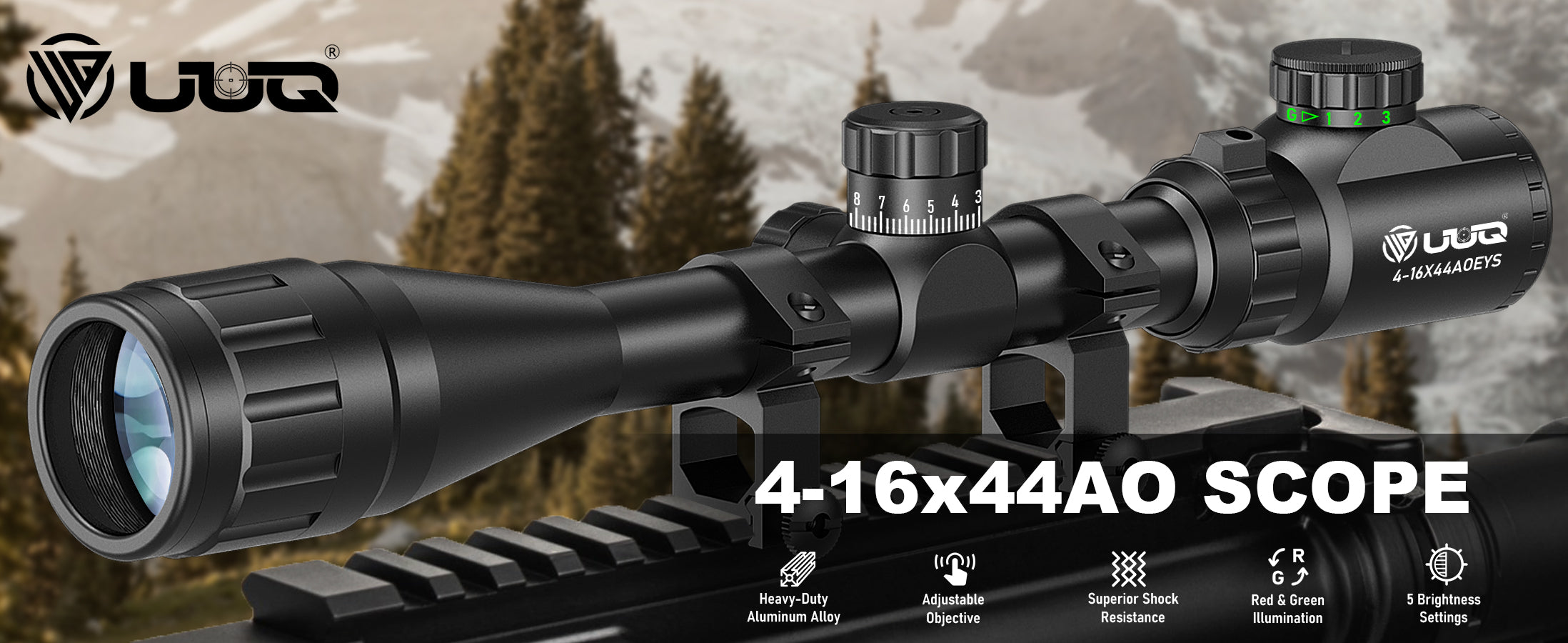 4-16x44AO scope, aluminum alloy, red and green illumination, 5 brightness settings