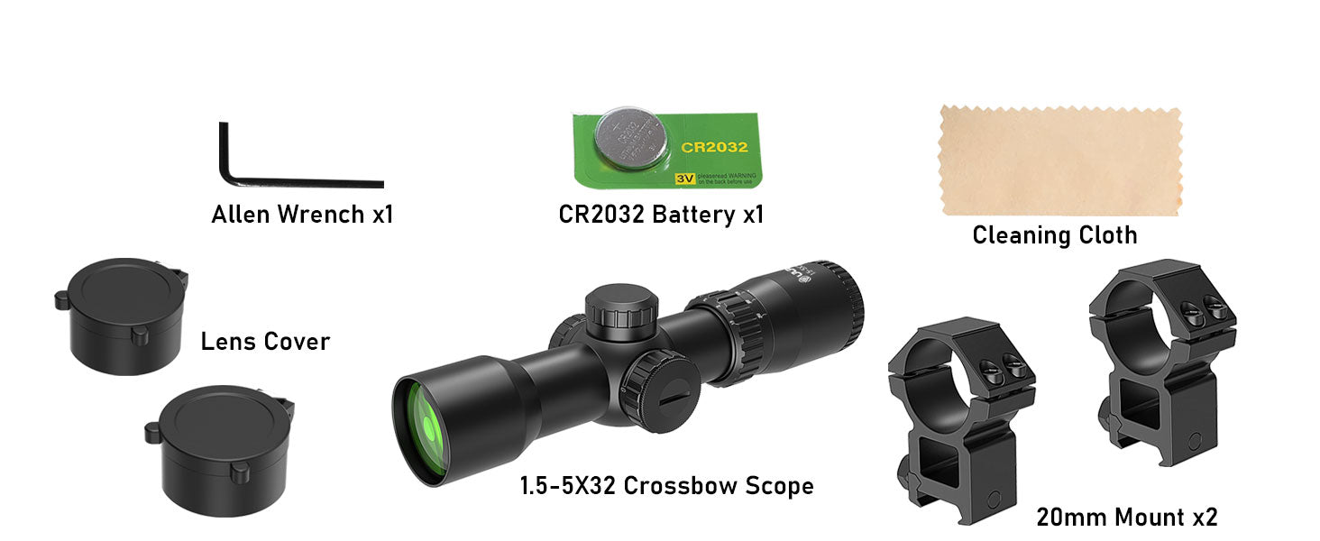 In the box: scope, wrench, battery, lens cover, cleaning cloth, mounts