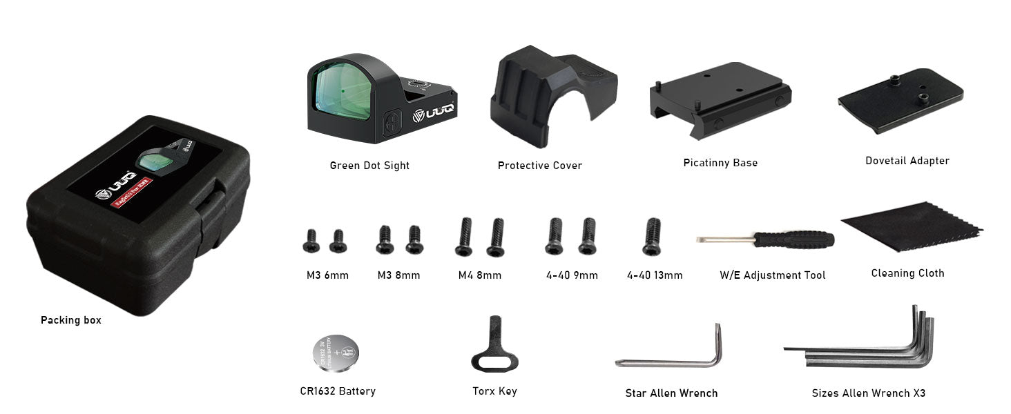 UUQ Eagle G3 sight and accessories, including packing box, green dot sight, protective cover, Picatinny base, dovetail adapter, screws, adjustment tool, cleaning cloth, battery, etc.