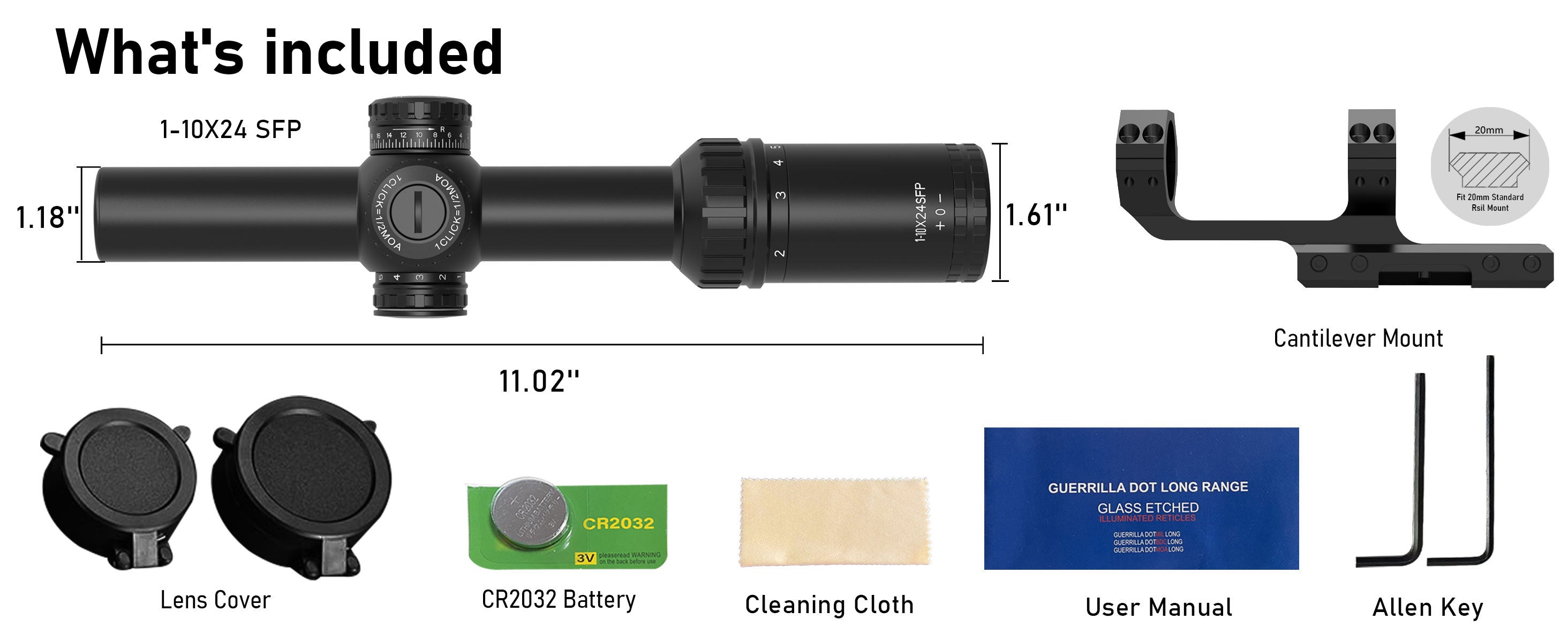 UUQ Leopard Speed 1-6x24 SFP LPVO accessories, including lens cover, battery, cleaning cloth, user manual, Allen key, and cantilever mount