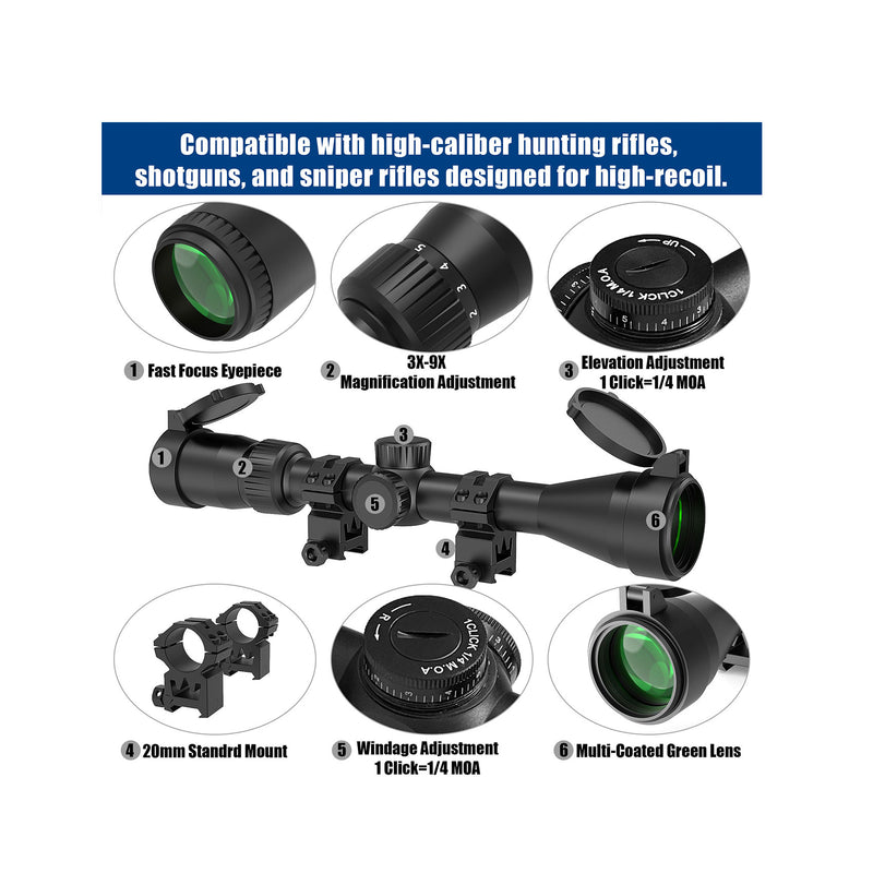 Load image into Gallery viewer, UUQ VibeShield 3-9X40 Rifle Scope with BDC Reticle,Shockproof SFP Optics,Fit Large Caliber &amp; High Recoil Guns
