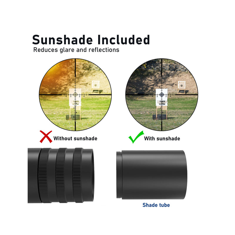 Load image into Gallery viewer, The UUQ 4-16X44AO rifle scope comes with a free sunshade, which reduces glare and enhances visual clarity.
