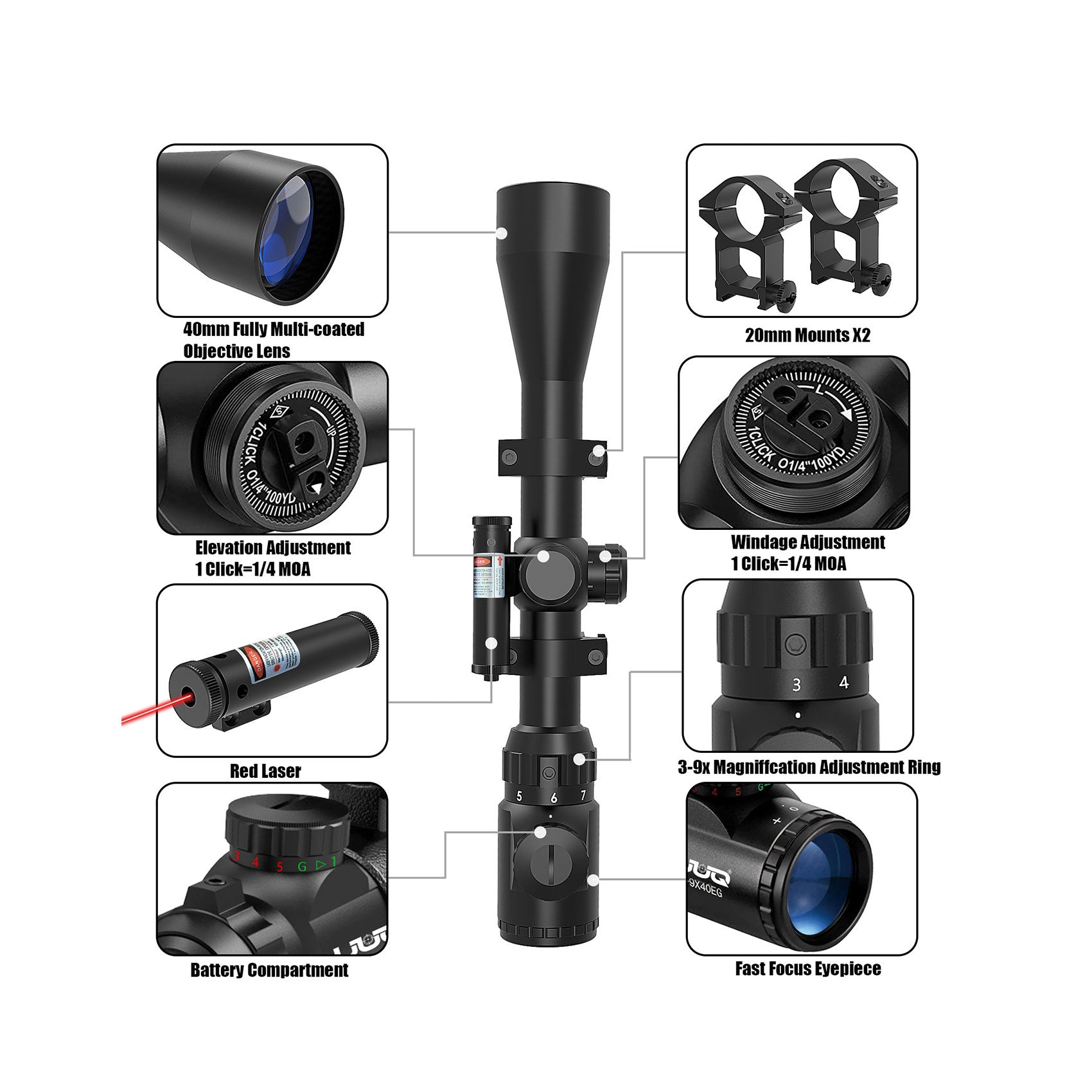 UUQ 3-9×40 Rifle Scope with Gun Laser
