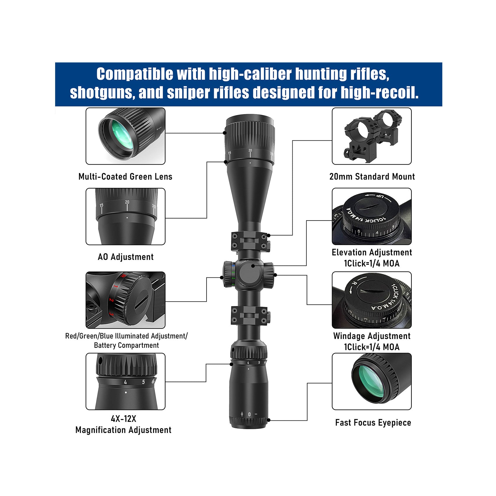 UUQ Mirino 4-16x44AO Per Carabina – Illuminazione R/G/B, Regolazione Parallasse, Ombrellone