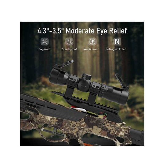 UUQ crossbow scope offers moderate eye relief of 4.3" to 3.5" and features shockproof, waterproof, and fog-proof capabilities.