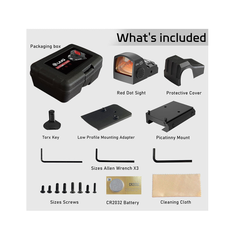 Load image into Gallery viewer, Packaging box included red dot sight,protective cover,torx key,lowprofile mounting adapter,picatinny mount,sizes screws,CR2032 battery,cleaning cloth.
