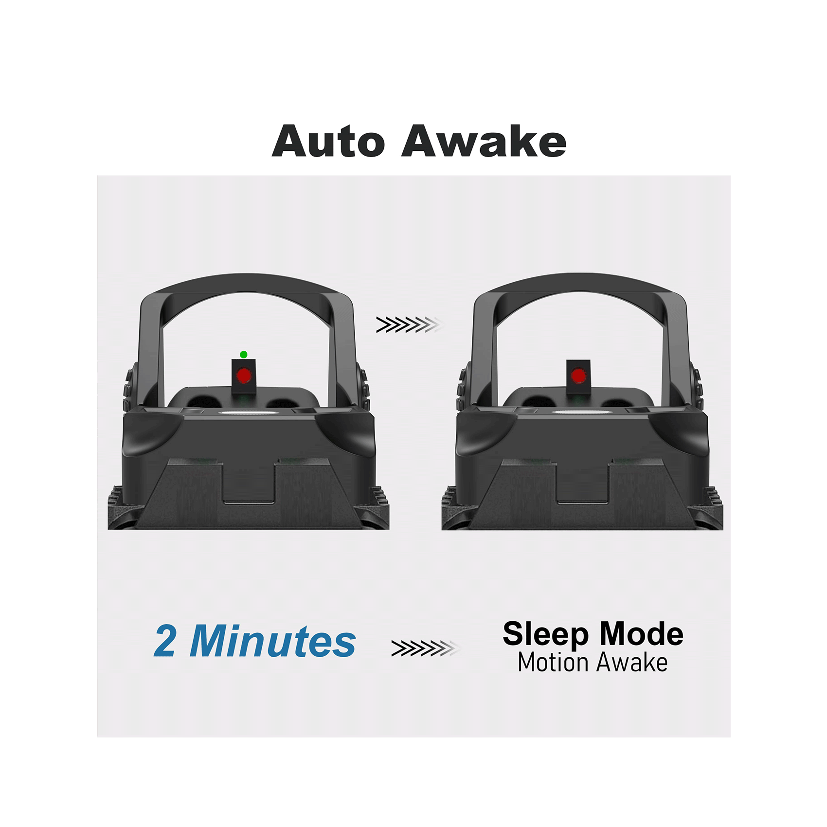 The UUQ HD1088G Shake Awake Mini Reflex Green Dot Sight features a shake awake function, automatically turning off after 2 minutes of inactivity and automatically waking up with a slight touch.