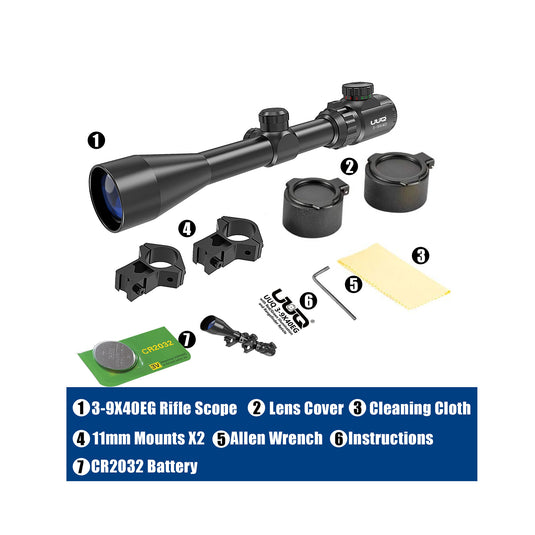 UUQ 3-9×40 Rifle Scope with Red/Green Illumination，Rangefinder Reticle，Fits 11mm Free Mounts