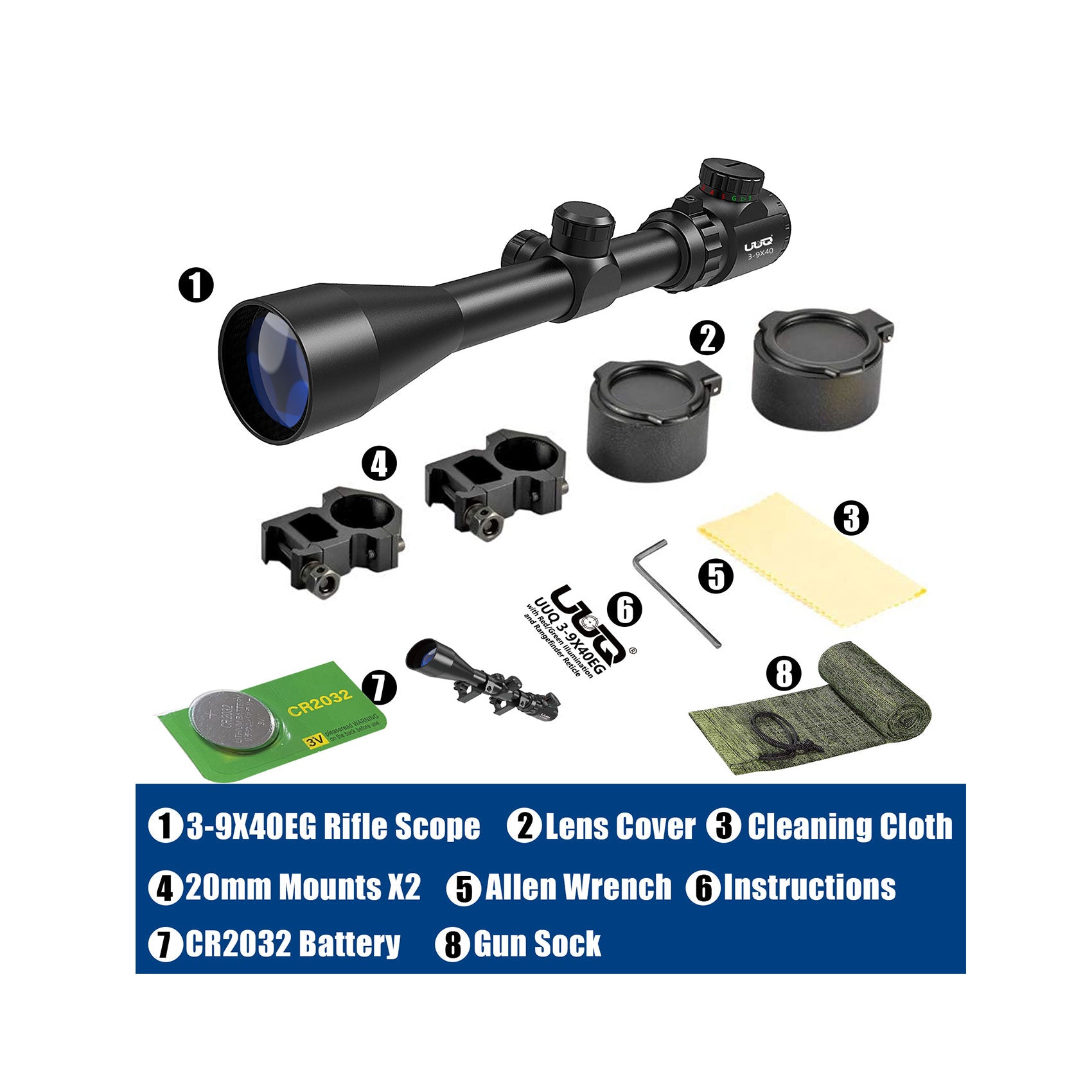 The UUQ 3-9×40 rifle scope packaging includes all the necessary accessories.
