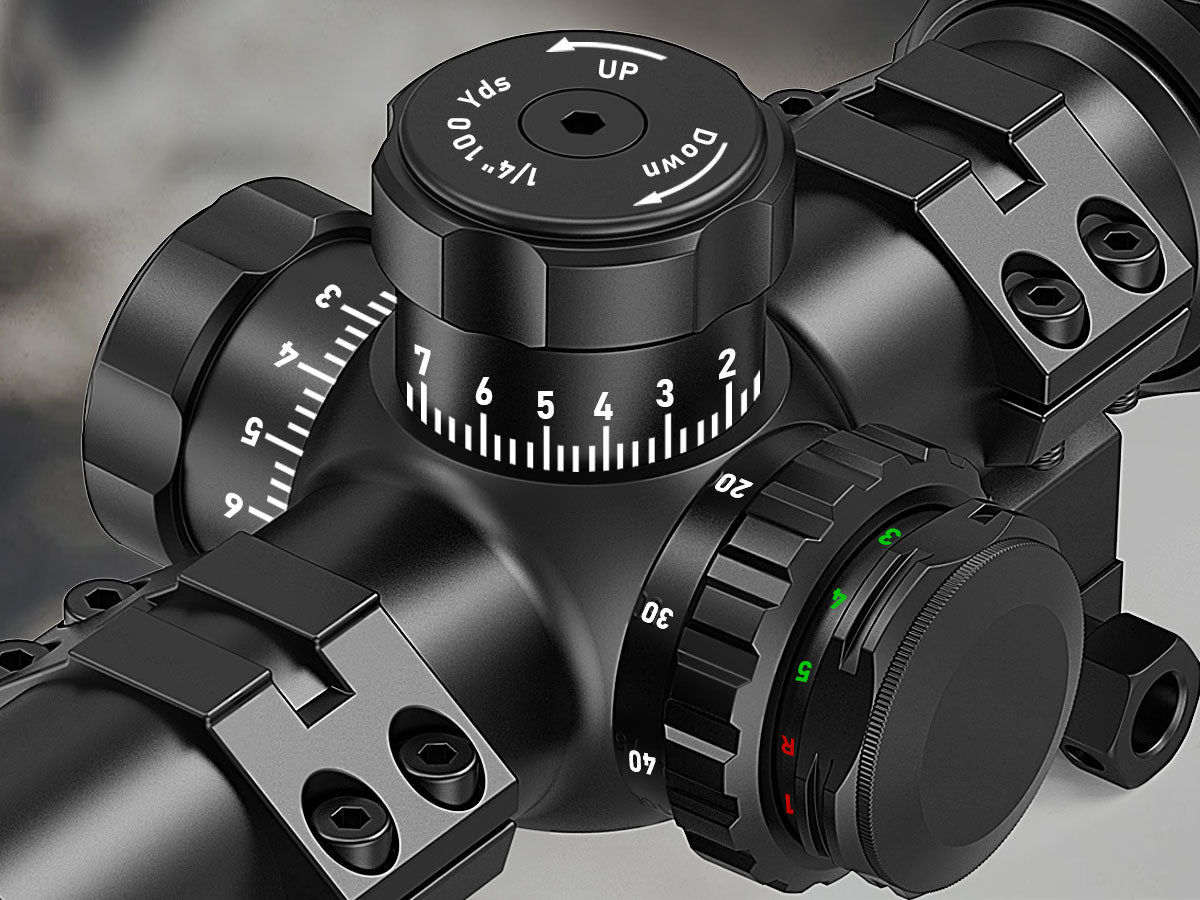Scope precision adjustment knobs with multi-coated green lens