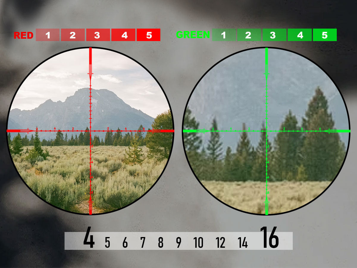 Red/green illuminated scope view with Mil-dot reticle