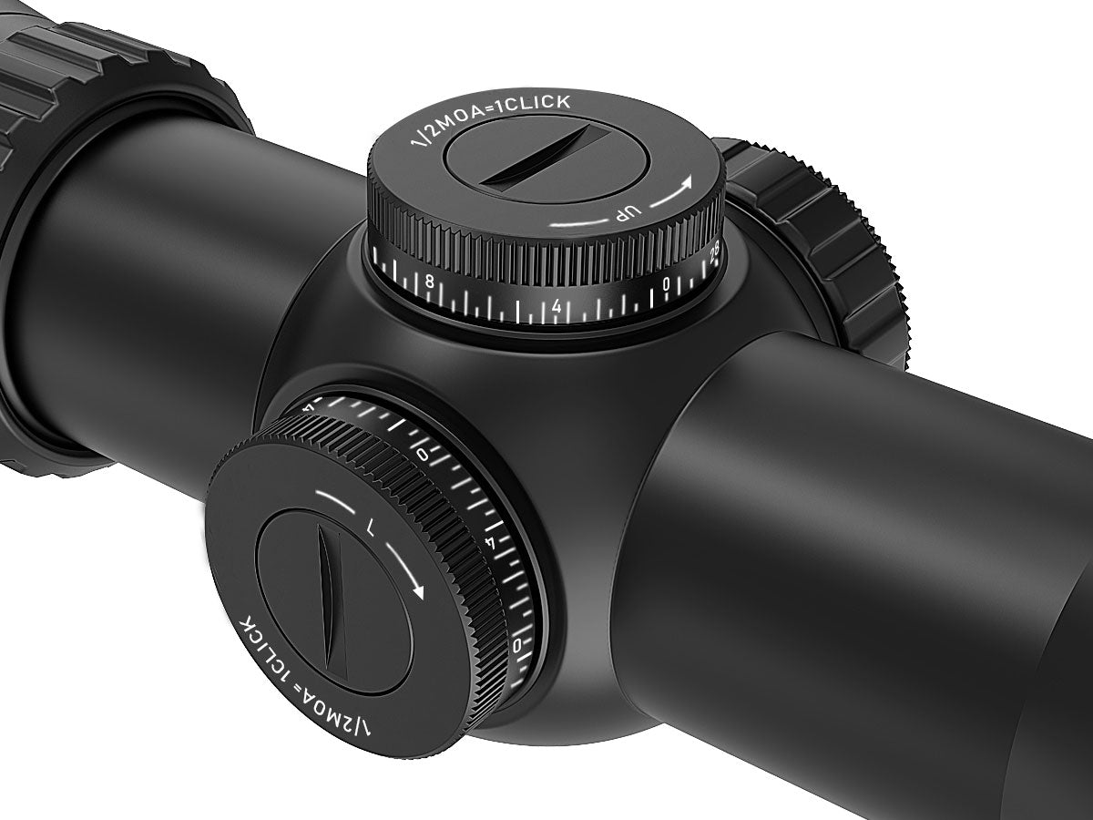 Precision audible turret with 1/2 MOA adjustment knobs