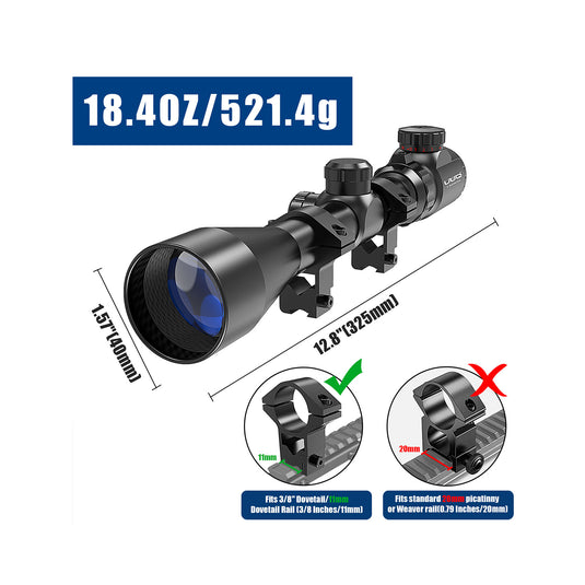 UUQ 3-9×40 Rifle Scope with Red/Green Illumination，Rangefinder Reticle，Fits 11mm Free Mounts