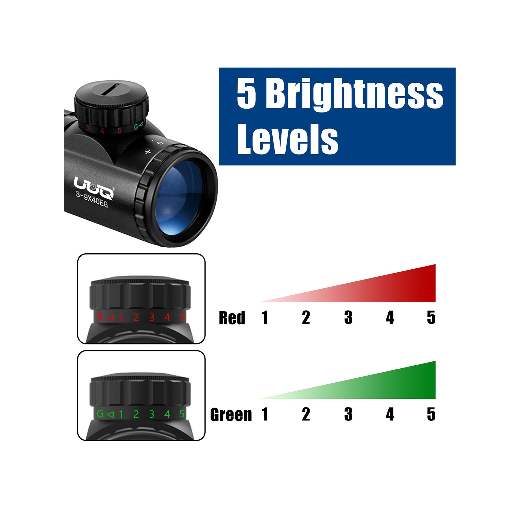 The UUQ 3-9×40 rifle scope features red and green illumination with 5 brightness settings.