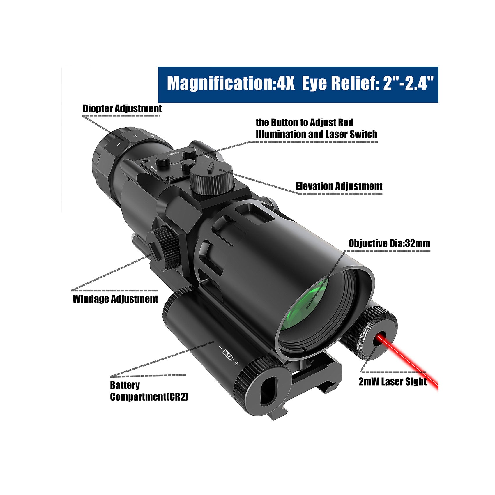 Magnification:4x,Eye relief:2"-2.4"