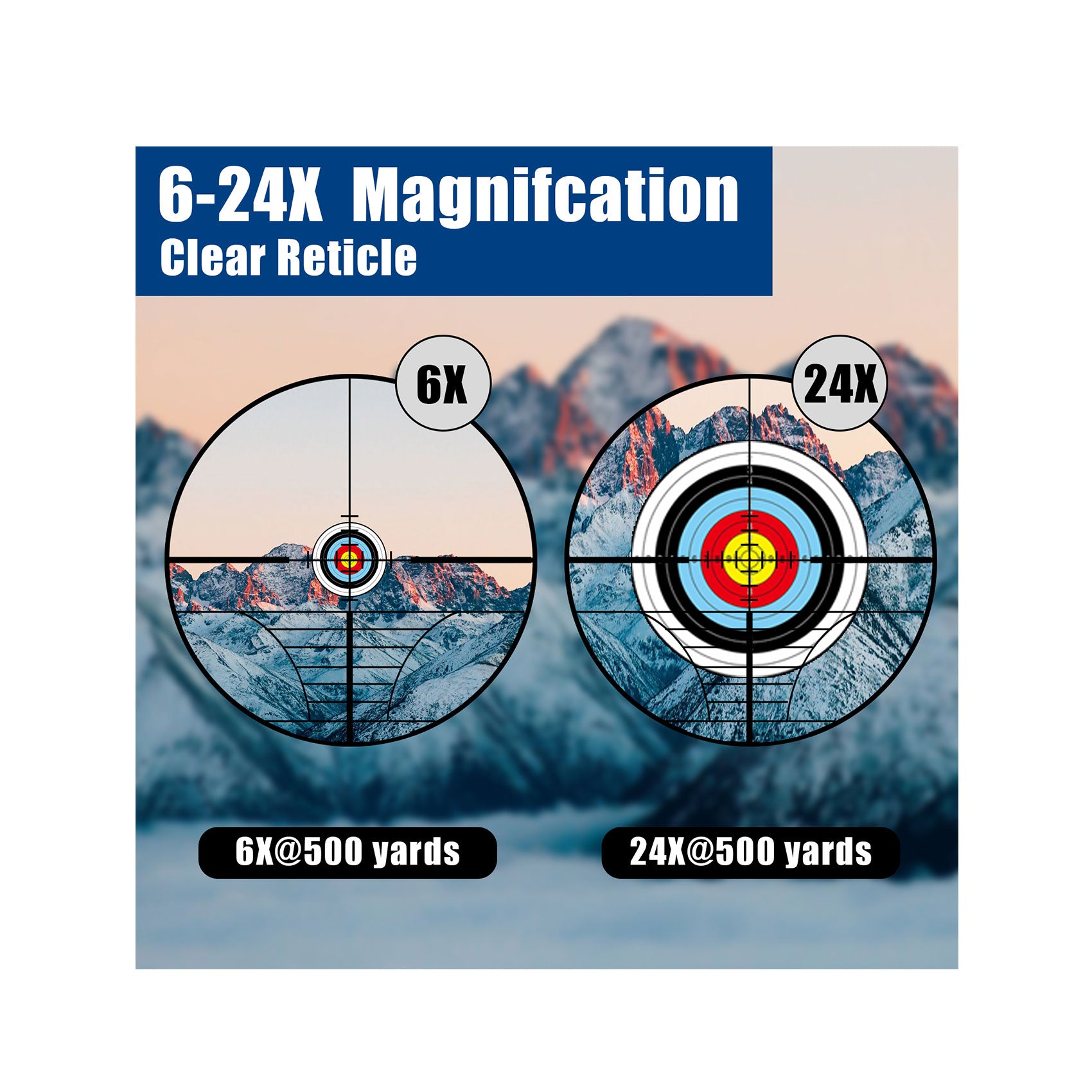 6-24x magnification, equipped with a clear reticle.