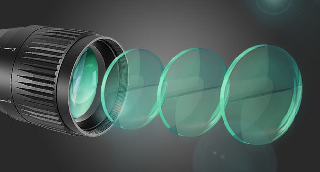 FMC green objective lenses and eye relief, 95% light transmission