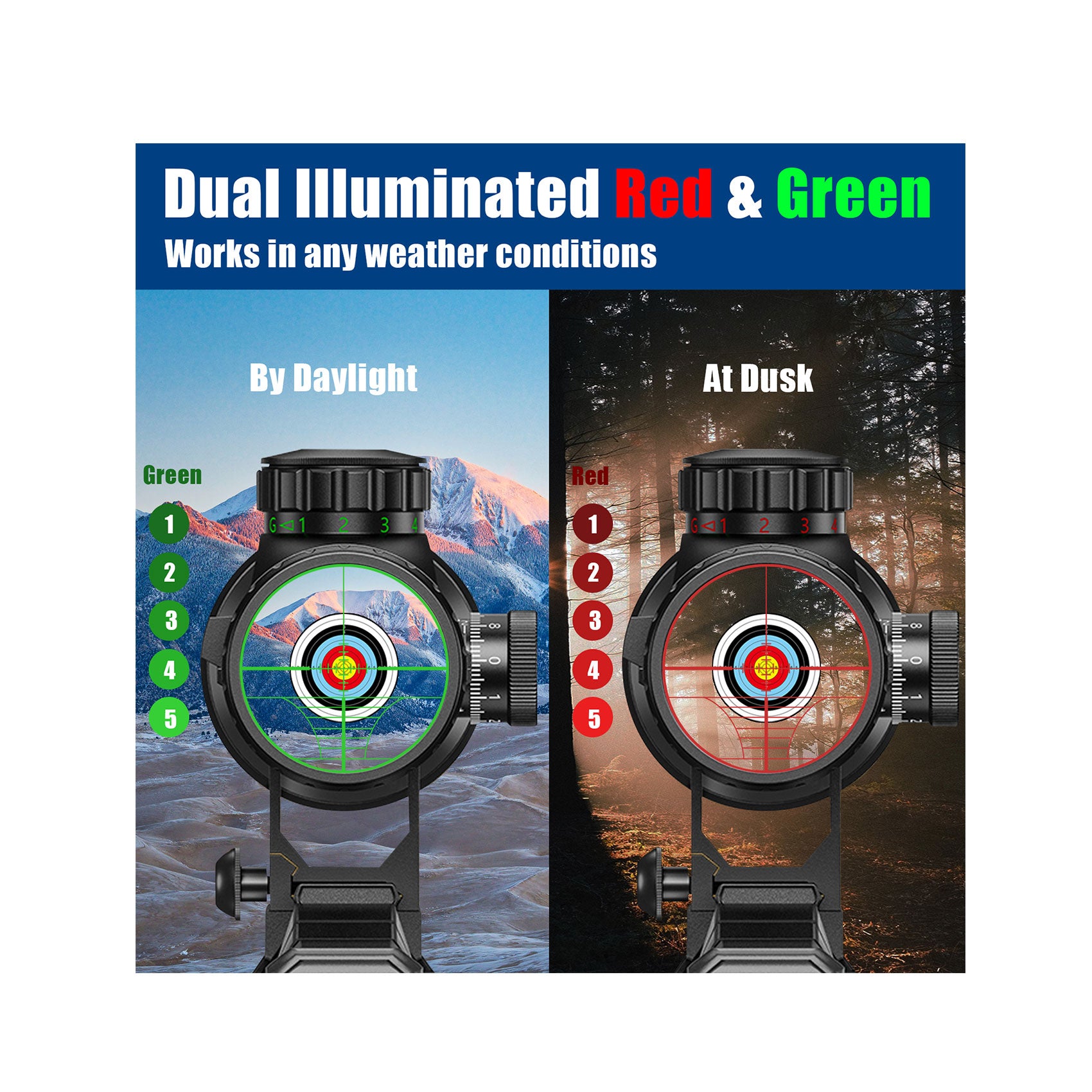 Dual illuminated red & green,works in any weather conditions.