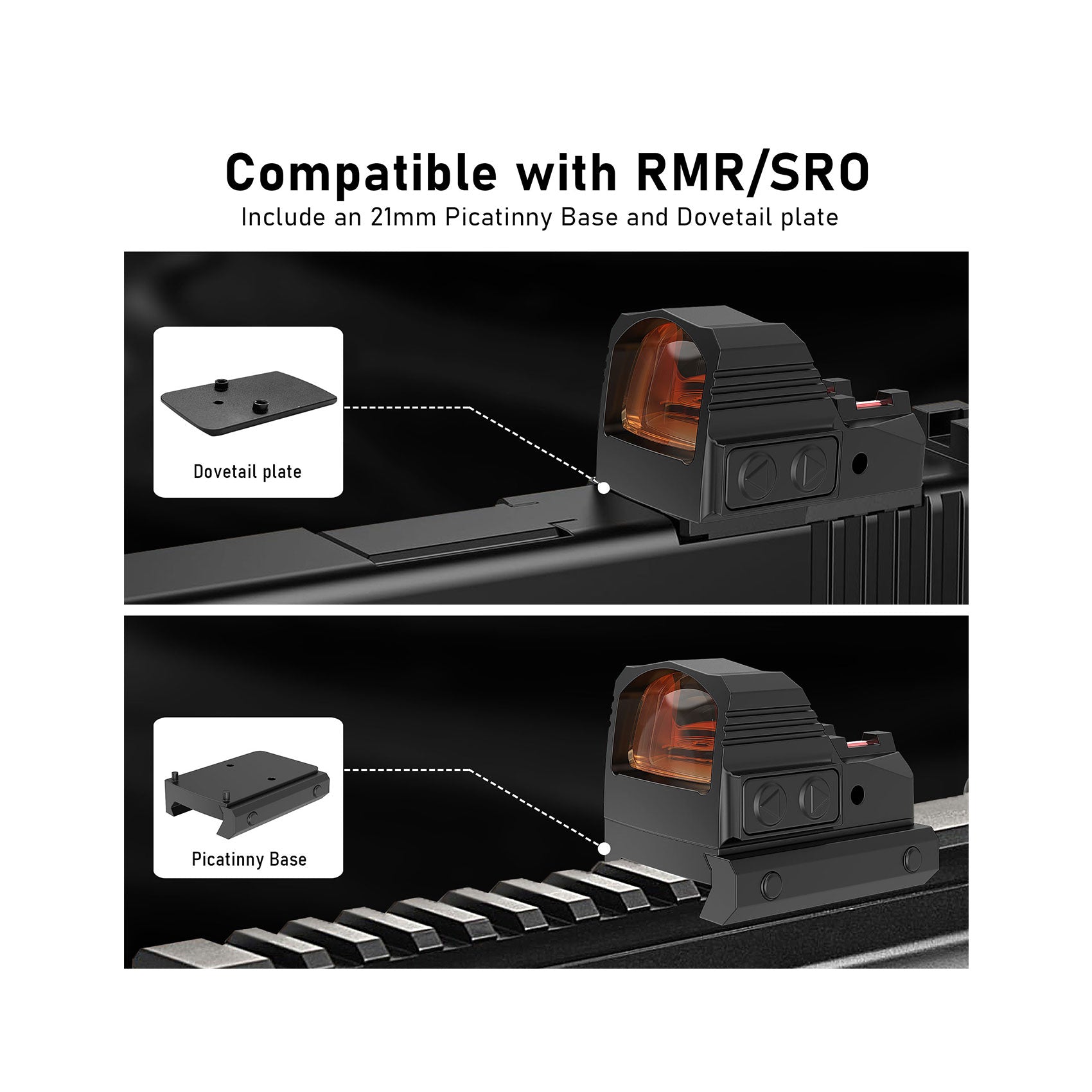 UUQ SA1623 red dot compatible with RMR and SRO, featuring a 21mm Picatinny base and a dovetail plate, shown mounted on a pistol.