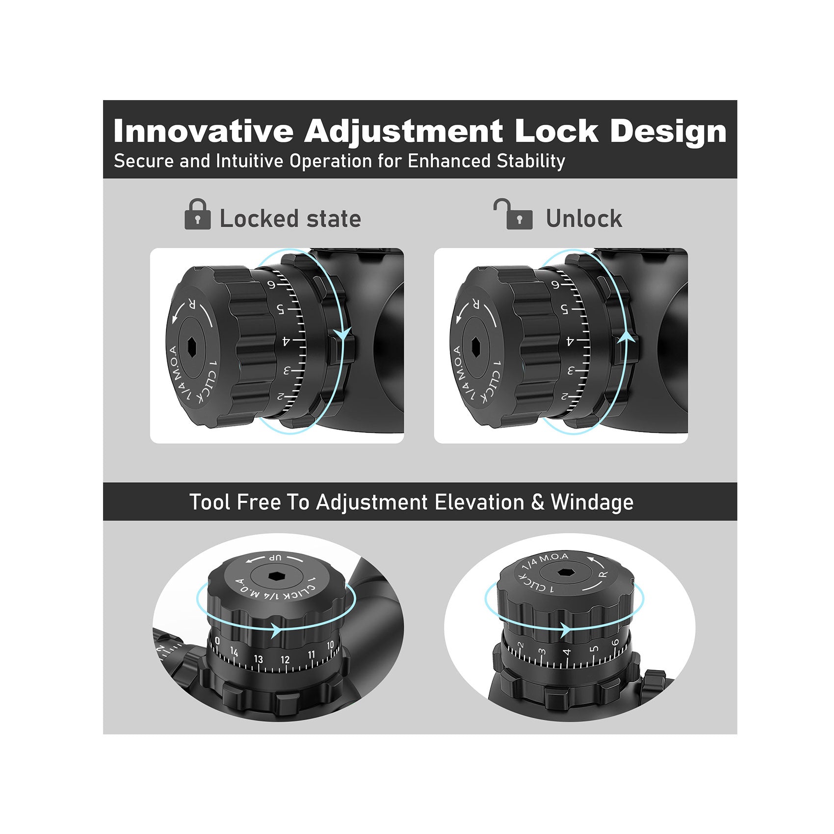 Innovative adjustment lock design, when the knob is in the locked position, adjustments are fixed to prevent accidental changes. Once unlocked, it can be freely adjusted for precise aiming calibration. Elevation and windage can be adjusted without the need for tools.