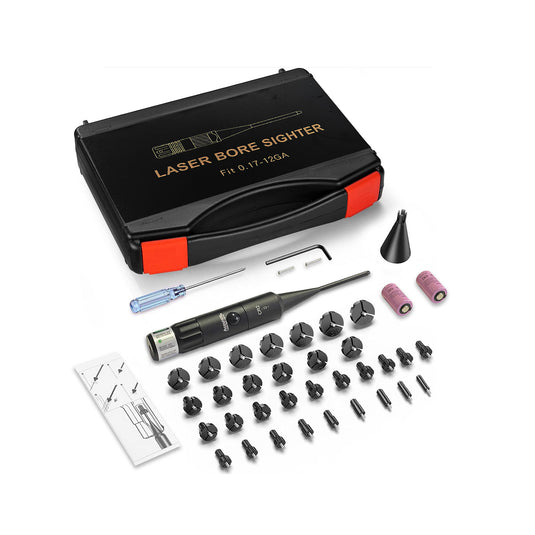 Laser boresighter kit with 32 adapters for 0.17 to 12GA calibers
