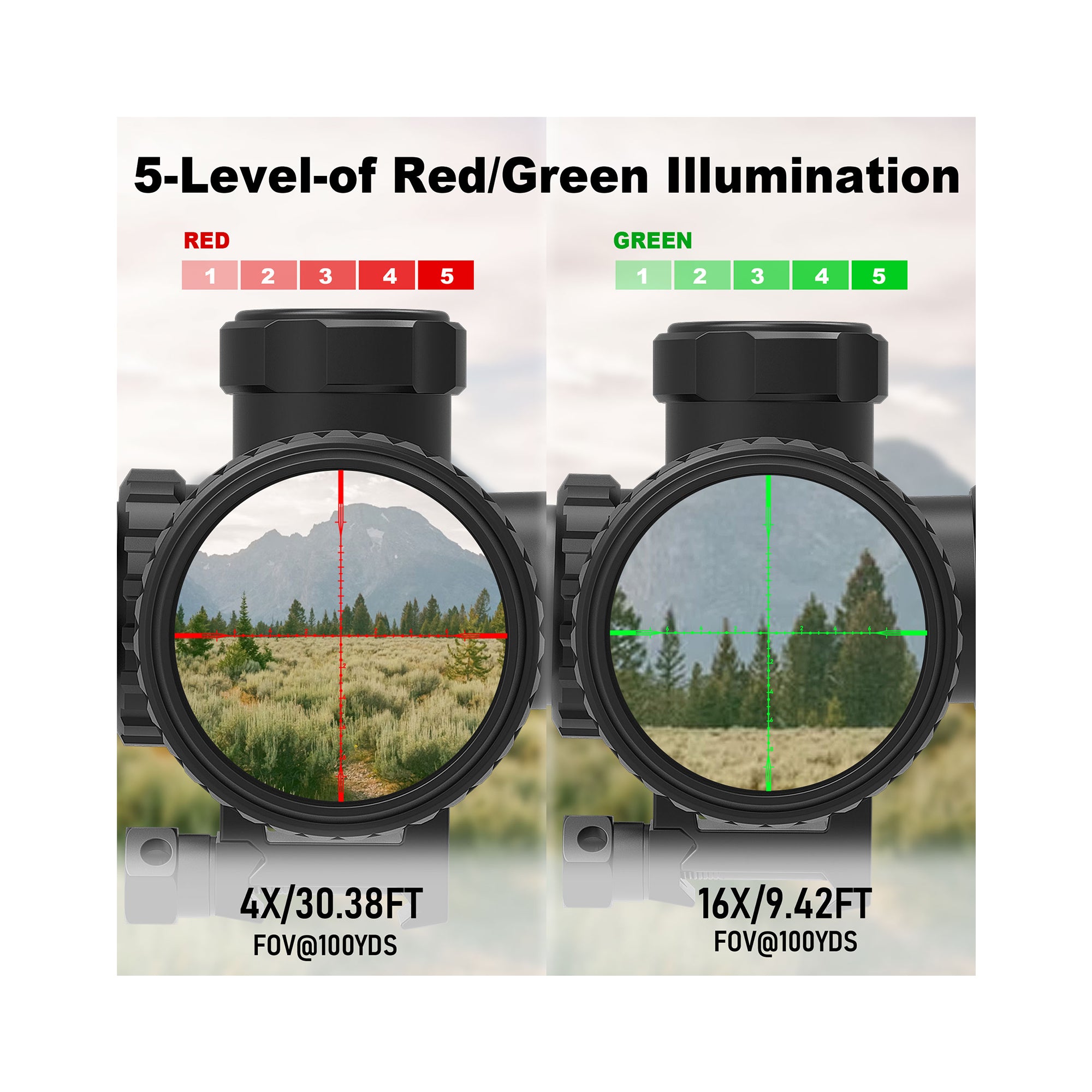 UUQ scope red/green illumination adjustment, 4x and 16x view
