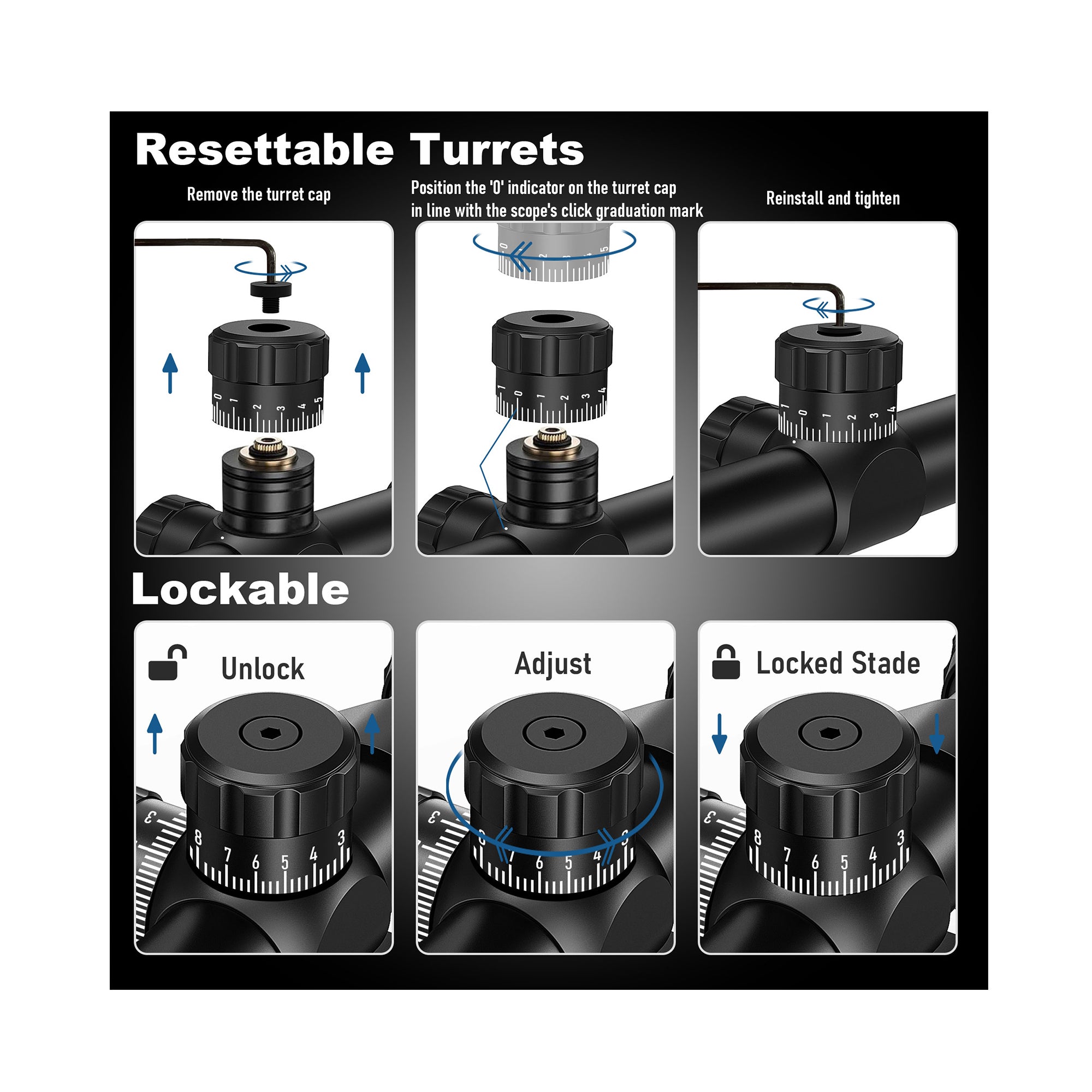 Resettable and lockable scope turrets, including unlock, adjust, and lock steps