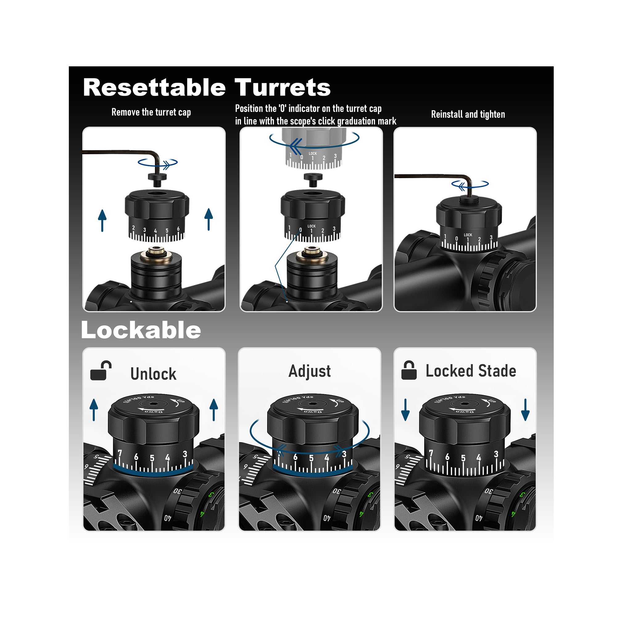 UUQ scope resettable and lockable turret adjustment steps
