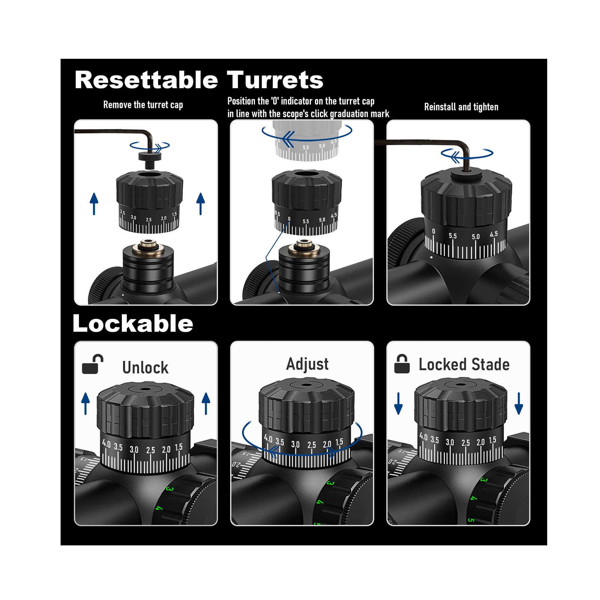 Operation steps for resettable and lockable turrets on rifle scope

