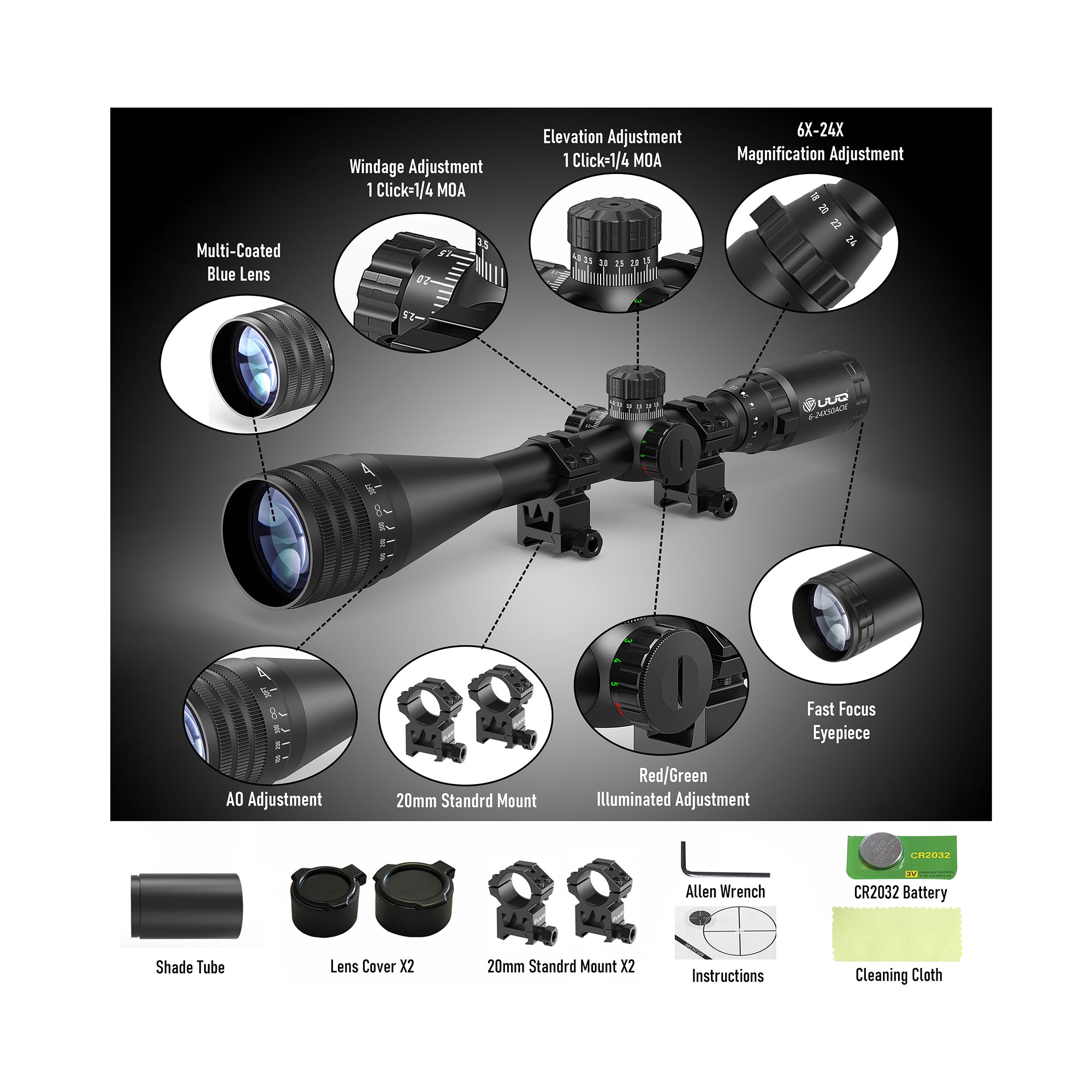 Detailed diagram of rifle scope features and accessories
