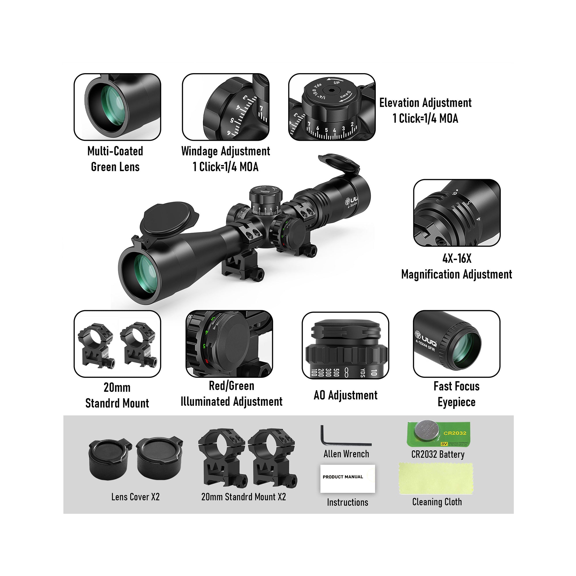 UUQ scope features and accessories, including multi-coated green lens, windage and elevation adjustment, 4-16x magnification, fast focus eyepiece, etc.
