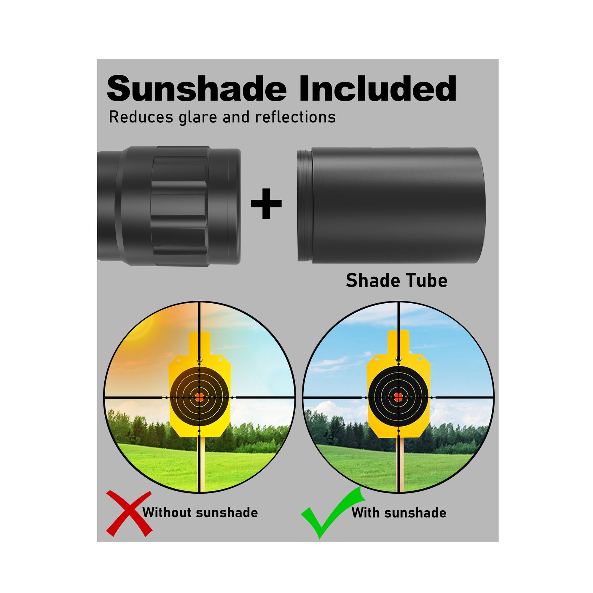 Sunshade included, reduces glare and reflections, comparison with and without sunshade
