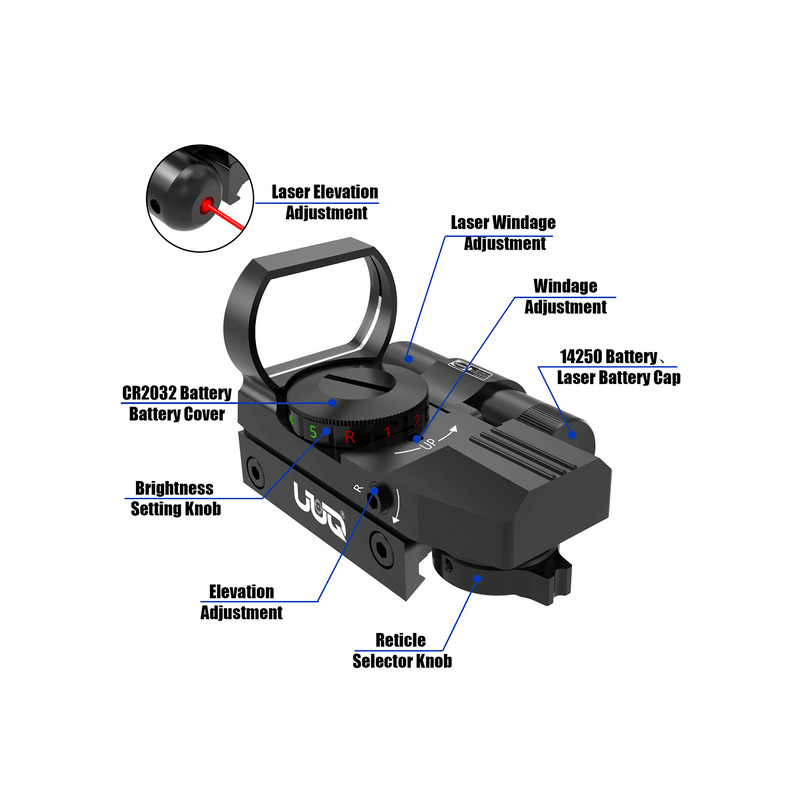 UUQ 1X22X33 Reflex Red Dot Sight - 4 Reticle Patterns With Red/Green Dot & Integrated Laser
