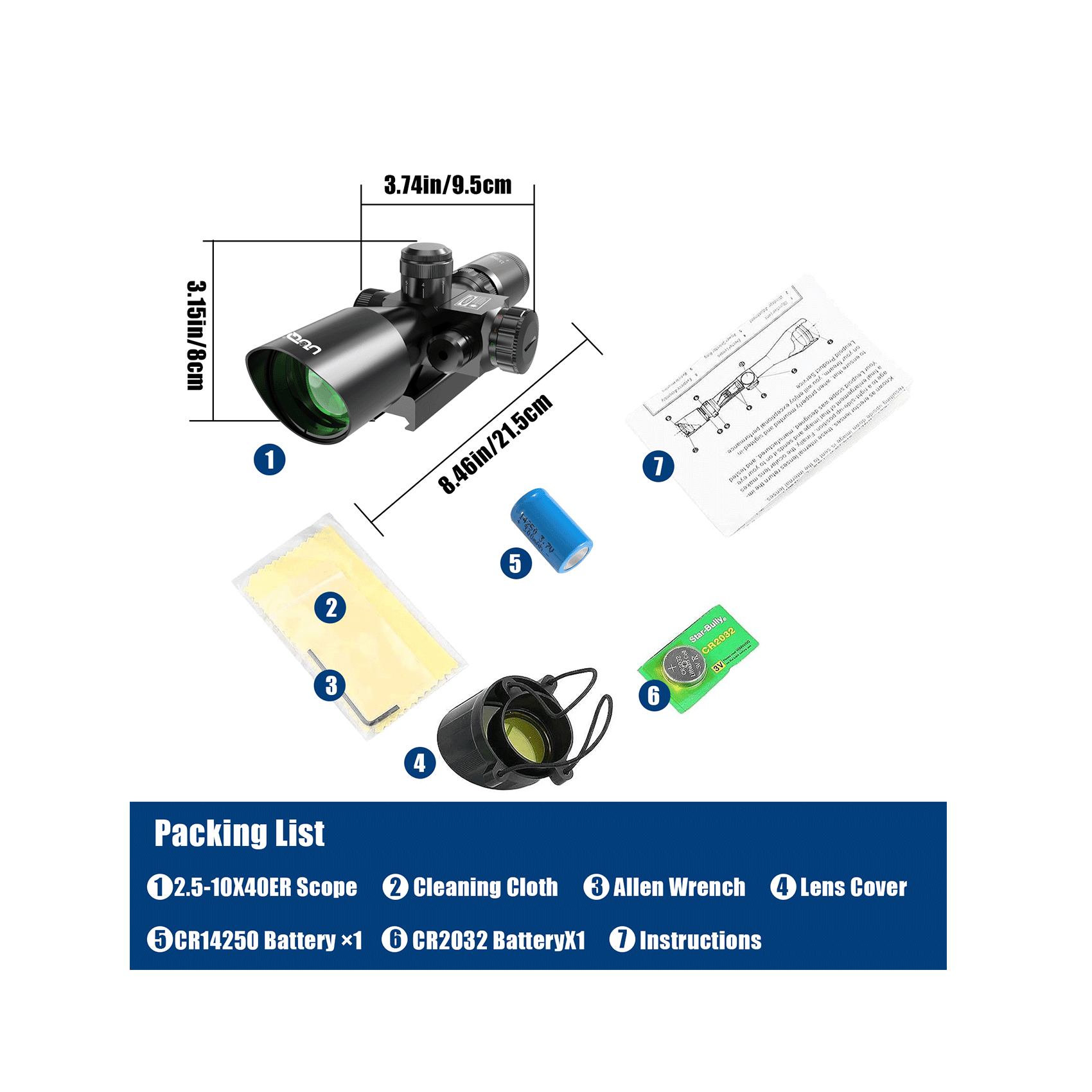 UUQ 2.5-10x40EG Green Laser Rifle Scope with Red/Green Illuminated Mil-dot - Green Lens Color, Tactical Scope for Gun Air Hunting Rifles, Includes Free 20mm Mount - UUQ Optics