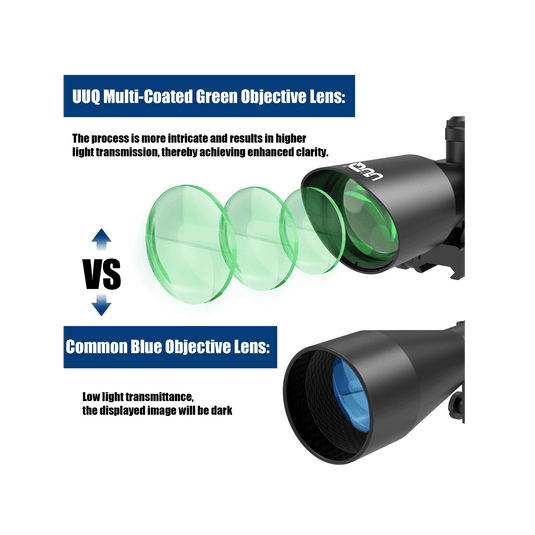 UUQ 2.5-10x40EG Green Laser Rifle Scope with Red/Green Illuminated Mil-dot - Green Lens Color, Tactical Scope for Gun Air Hunting Rifles, Includes Free 20mm Mount - UUQ Optics