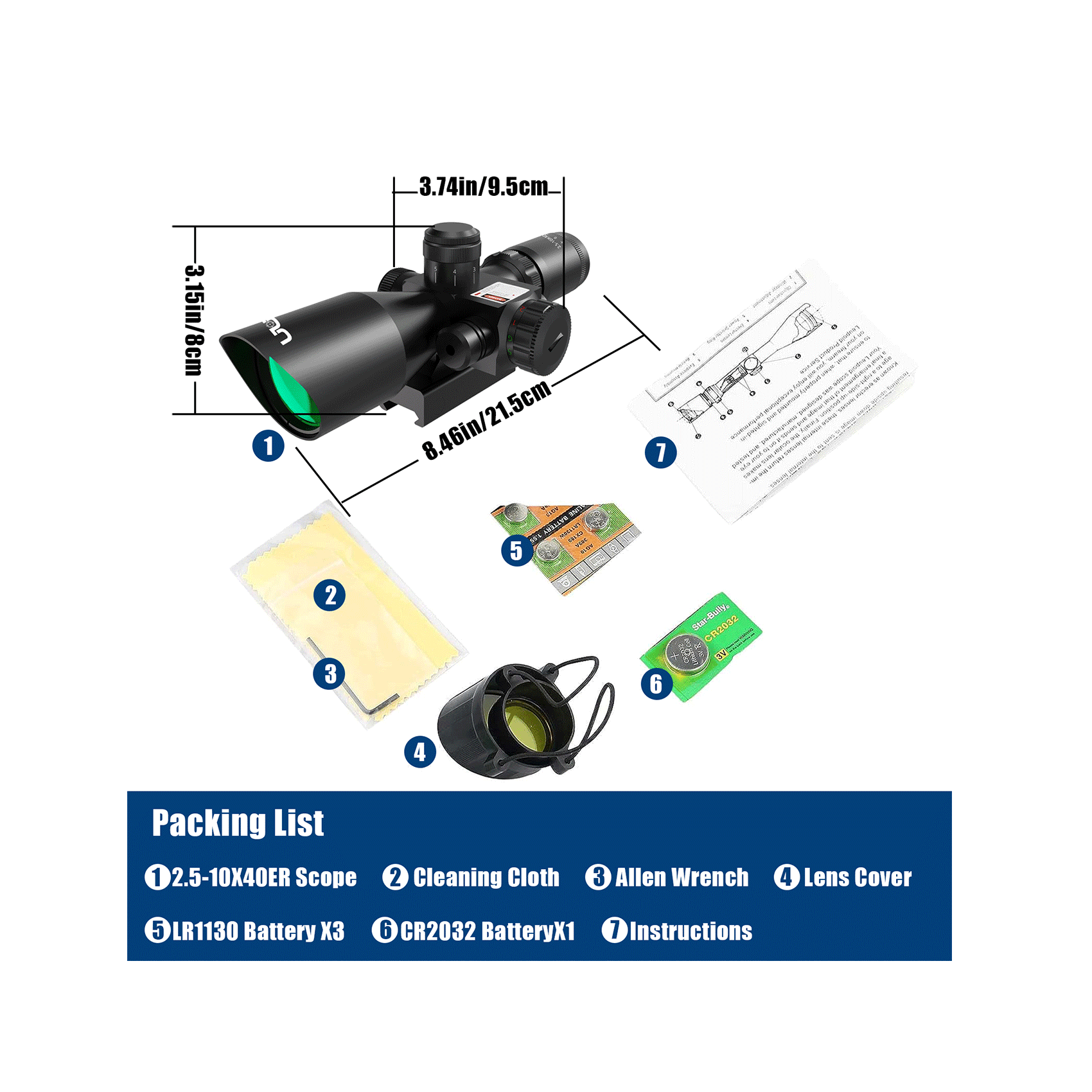 UUQ 2.5-10x40ER Rifle Scope with Red/Green Illuminated Mil-dot with Red Laser Combo- Green Lens Color, Tactical Scope for Gun Air Hunting Rifles, Includes Free 20mm Mount - UUQ Optics