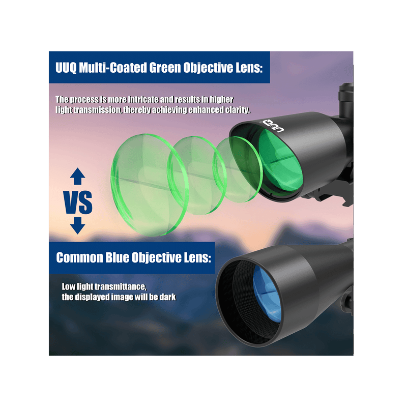 Load image into Gallery viewer, UUQ 2.5-10x40ER Rifle Scope with Red/Green Illuminated Mil-dot with Red Laser Combo- Green Lens Color, Tactical Scope for Gun Air Hunting Rifles, Includes Free 20mm Mount - UUQ Optics
