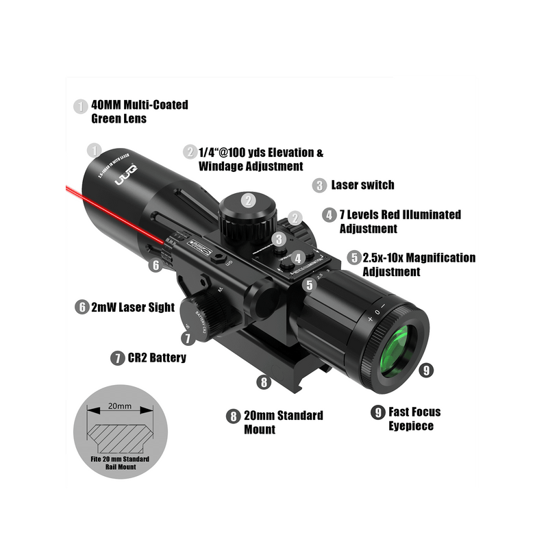 Load image into Gallery viewer, UUQ 2.5-10x40IR Rifle Scope with Red Illuminated Mil-dot with Red Laser Combo- Green Lens, Upgraded Buttons,Tactical Scope for Gun Air Hunting Rifles, Waterproof, Fog-Proof，Includes Free 20mm - UUQ Optics
