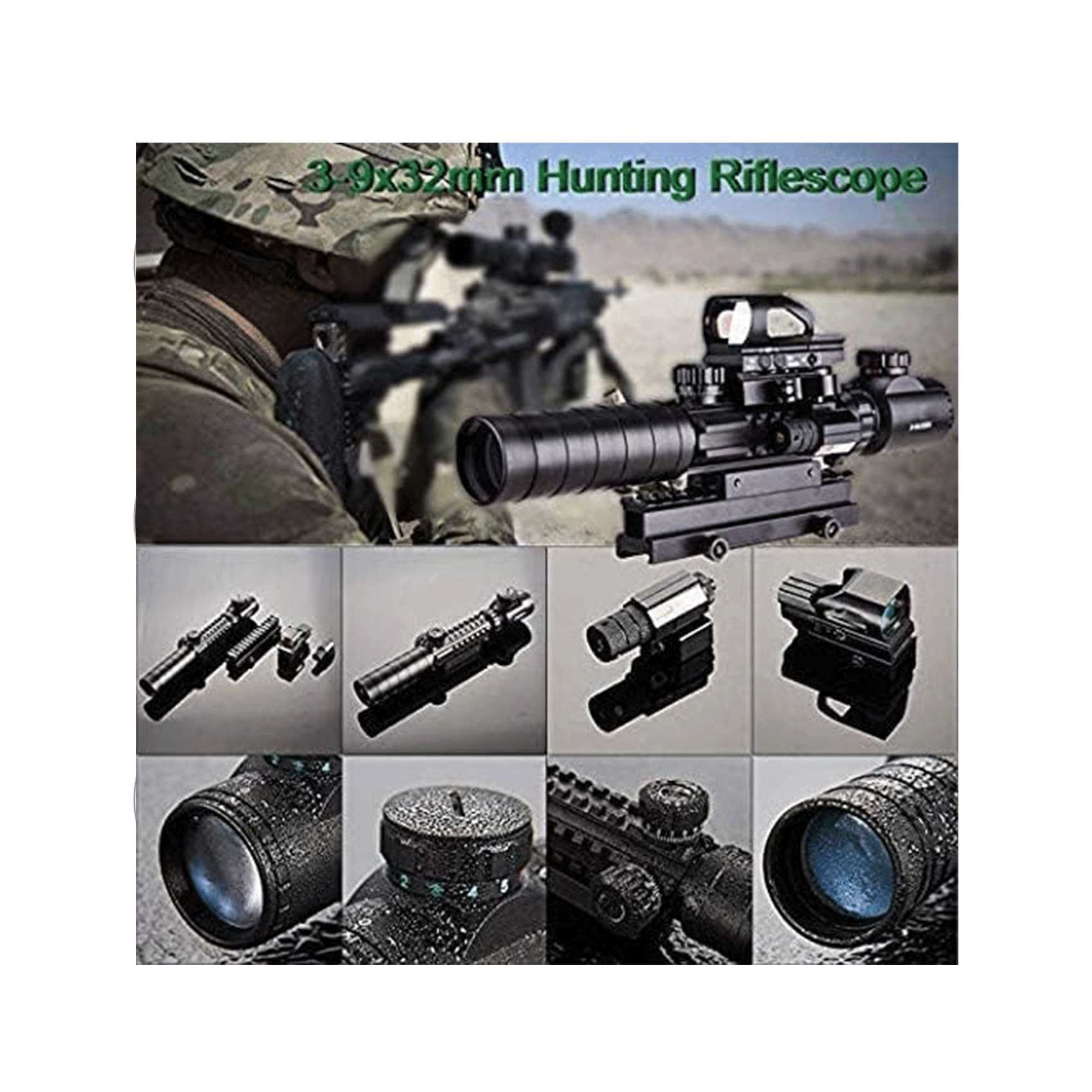 UUQ 3-9X32EG Tactical Rifle Scope Illuminated Red & Green Range Finder Reticle W/Reflex Sight & Green Laser Sight - UUQ Optics