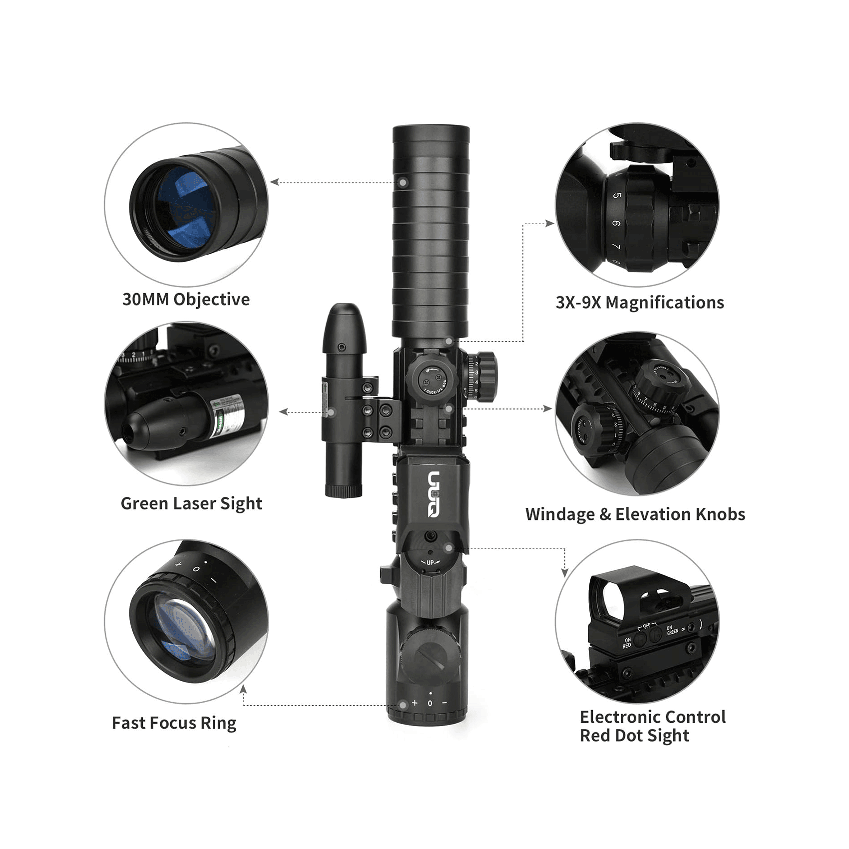 UUQ 3-9X32EG Tactical Rifle Scope Illuminated Red & Green Range Finder Reticle W/Reflex Sight & Green Laser Sight - UUQ Optics