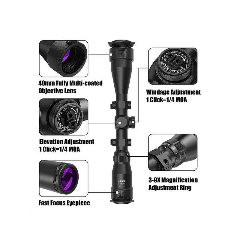 Load image into Gallery viewer, UUQ 3-9×40 Rifle Scope with Red/Green Illumination and Rangefinder Reticle - Includes Batteries, Fits 20mm Free Mounts, Waterproof and Fog-Proof,for Hunting,Airsoft and Pellet Guns - UUQ Optics
