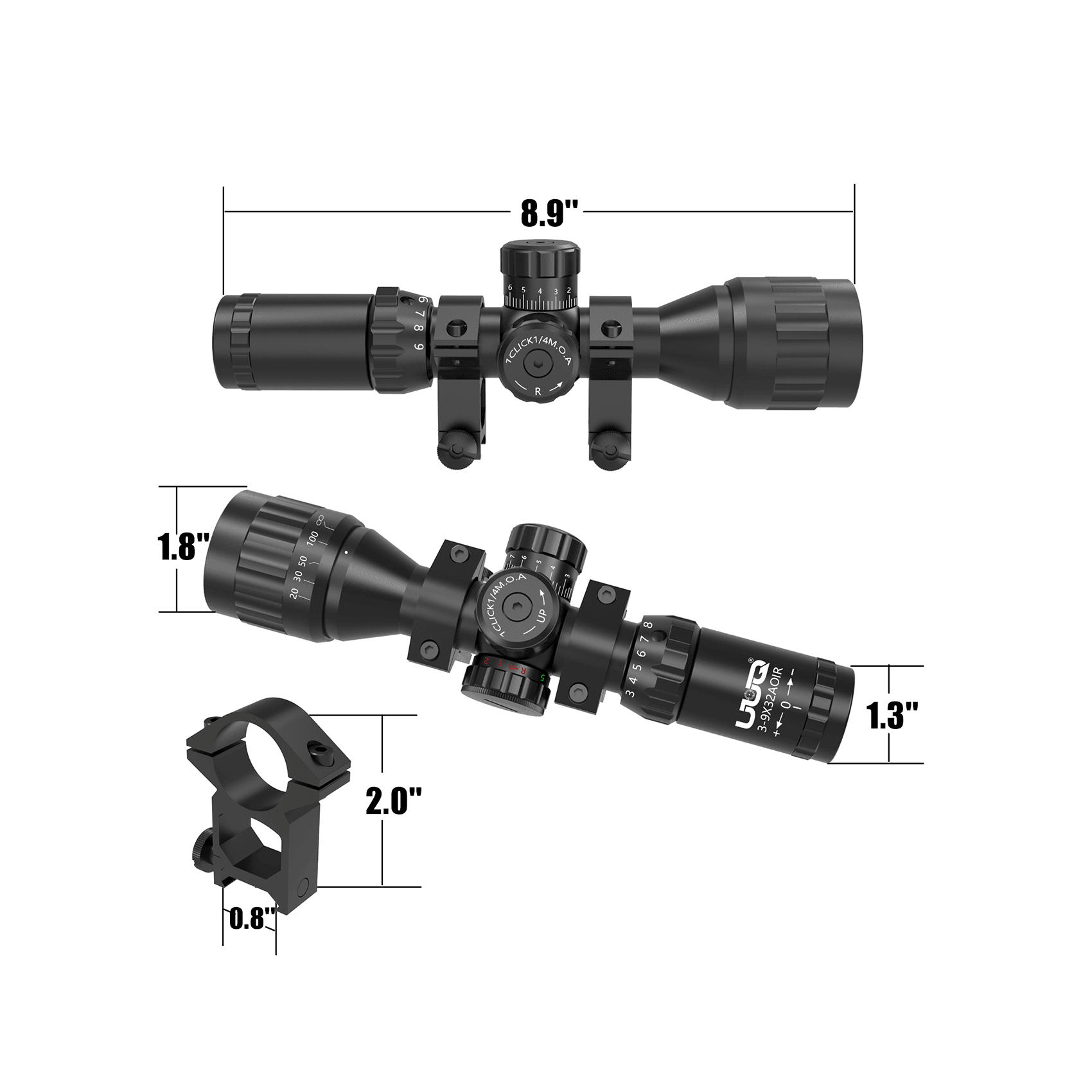 Size display of the UUQ 3-9x32AO compact tactical rifle scope.