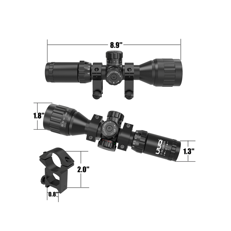 Load image into Gallery viewer, UUQ 3-9x32 Tactical Rifle Scopes,Front AO (Parallax Adjustment) Red Green Illuminated, Mil-dot Reticle,Locking/Hold Zero Turrets, High Profile Mount Rings - UUQ Optics
