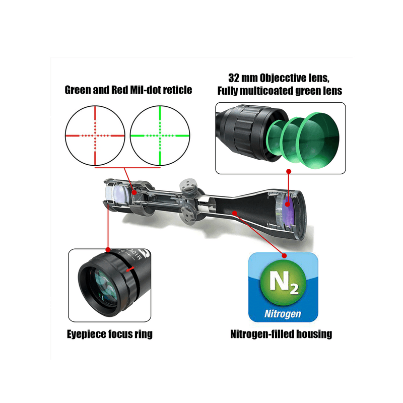 Load image into Gallery viewer, UUQ 3-9x32 Tactical Rifle Scopes,Front AO (Parallax Adjustment) Red Green Illuminated, Mil-dot Reticle,Locking/Hold Zero Turrets, High Profile Mount Rings - UUQ Optics

