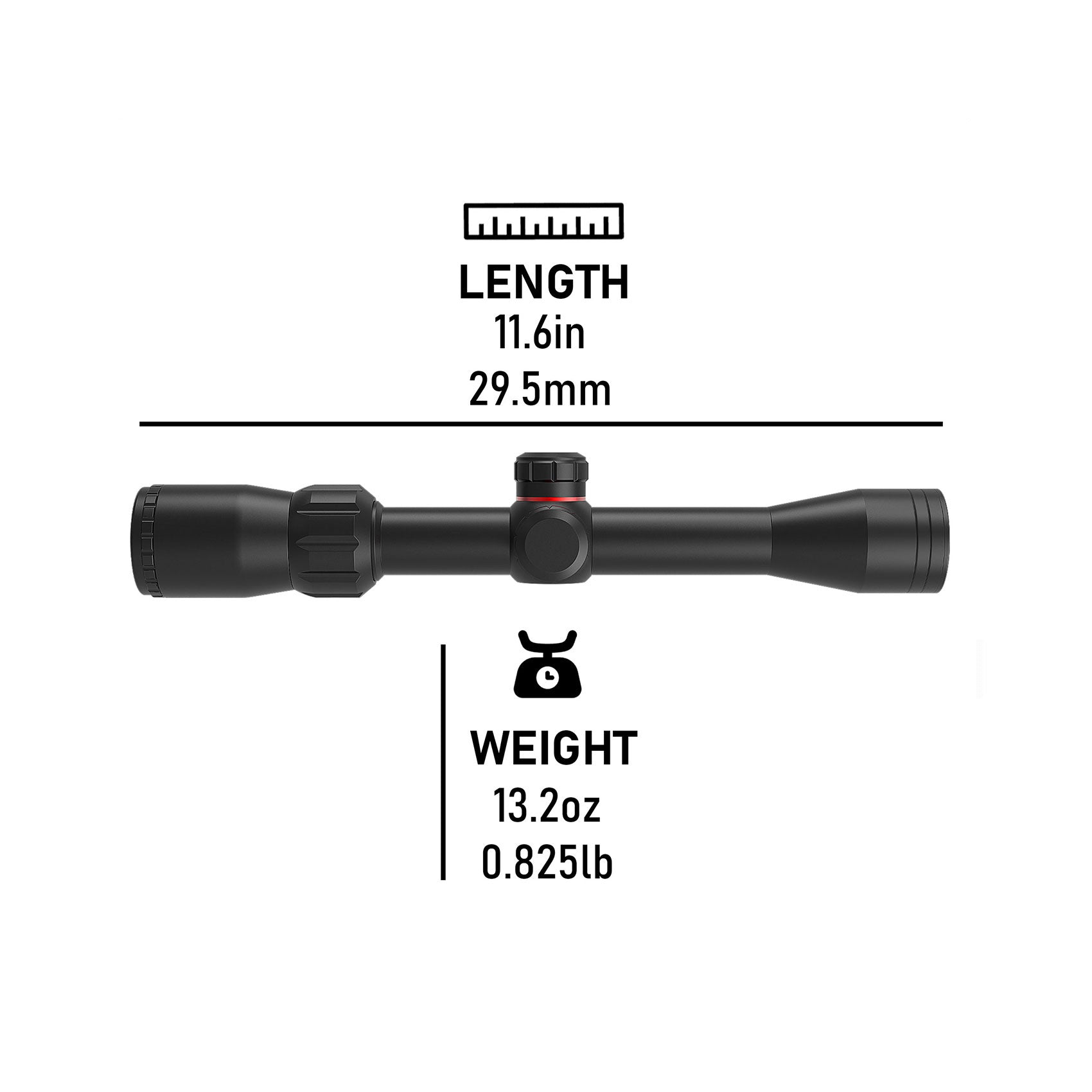 Dimensions and weight information for UUQ 3-9x32mm rifle scope, length is 11.6 inches (29.5 cm) and weight is 13.2 ounces (0.825 lbs).
