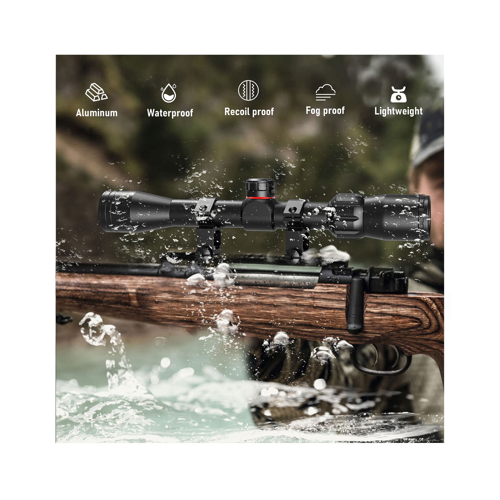 UUQ 3-9x32mm rifle scope showcasing its aluminum construction, waterproof, recoil-proof, fog-proof, and lightweight features.
