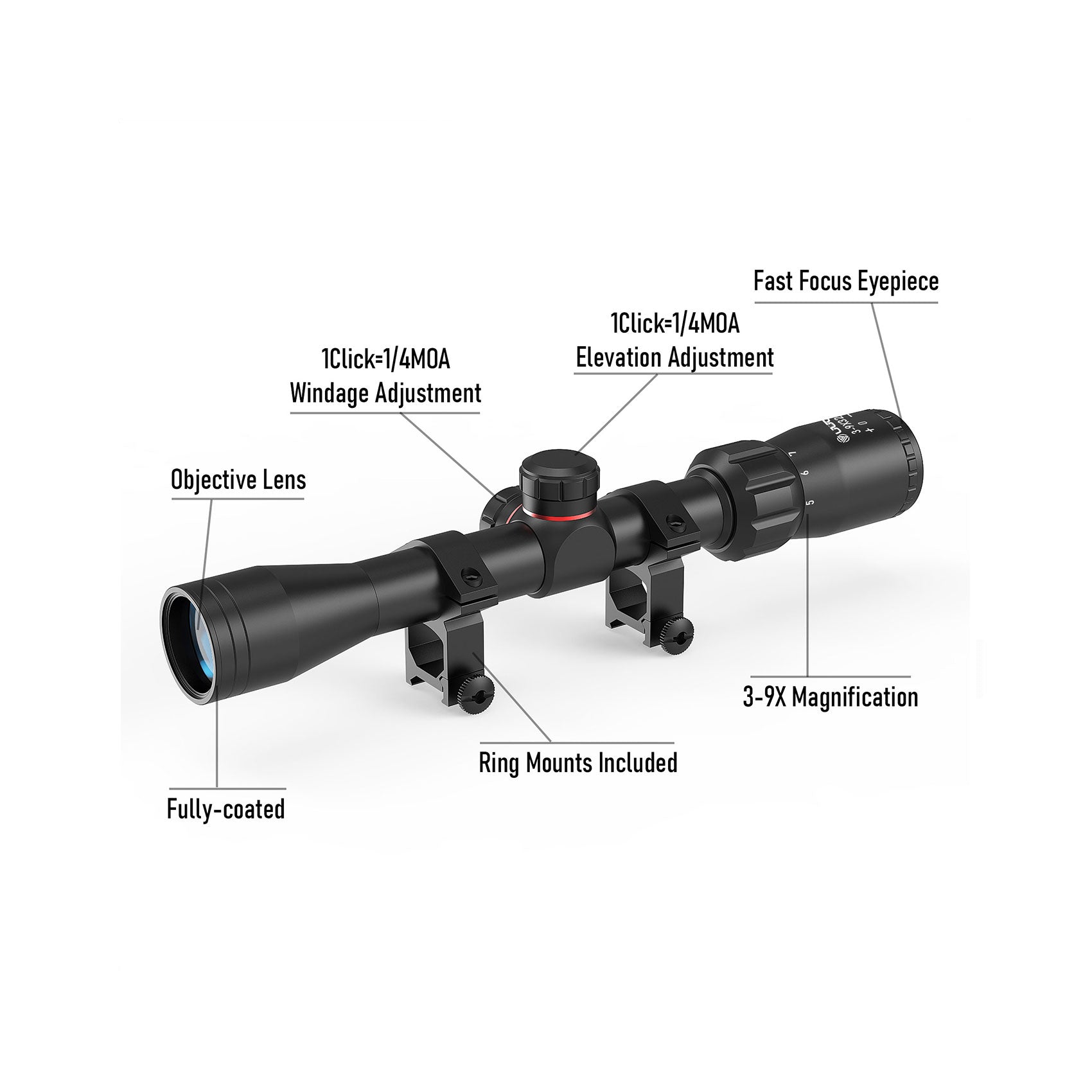 UUQ 3-9x32mm rifle scope showing features like fast focus eyepiece, 1/4 MOA windage and elevation adjustments, 3-9x magnification, fully-coated objective lens, and included ring mounts.
