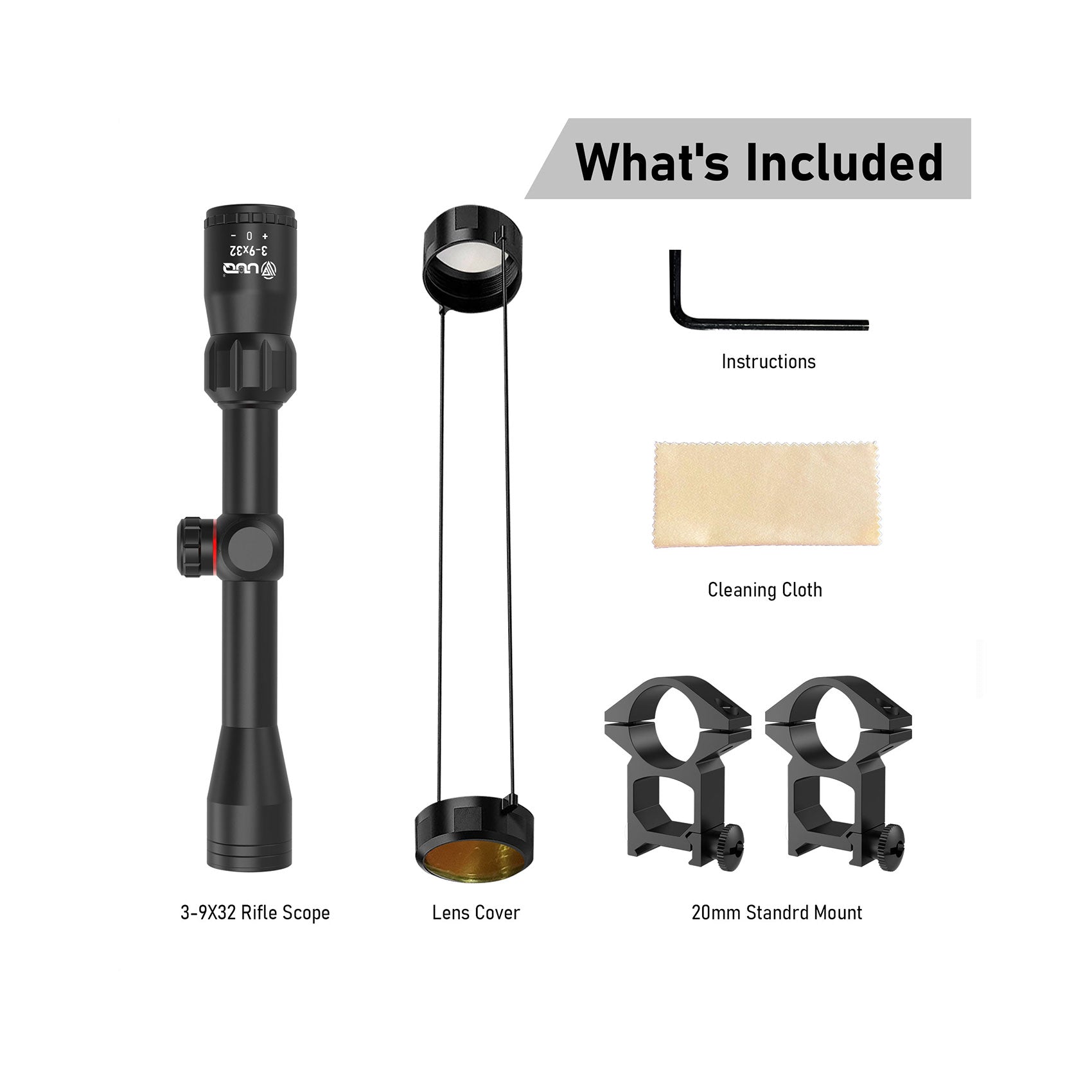 Contents of the UUQ 3-9x32mm rifle scope kit including the scope, lens cover, instructions, cleaning cloth, 20mm standard mount, and hex wrench.
