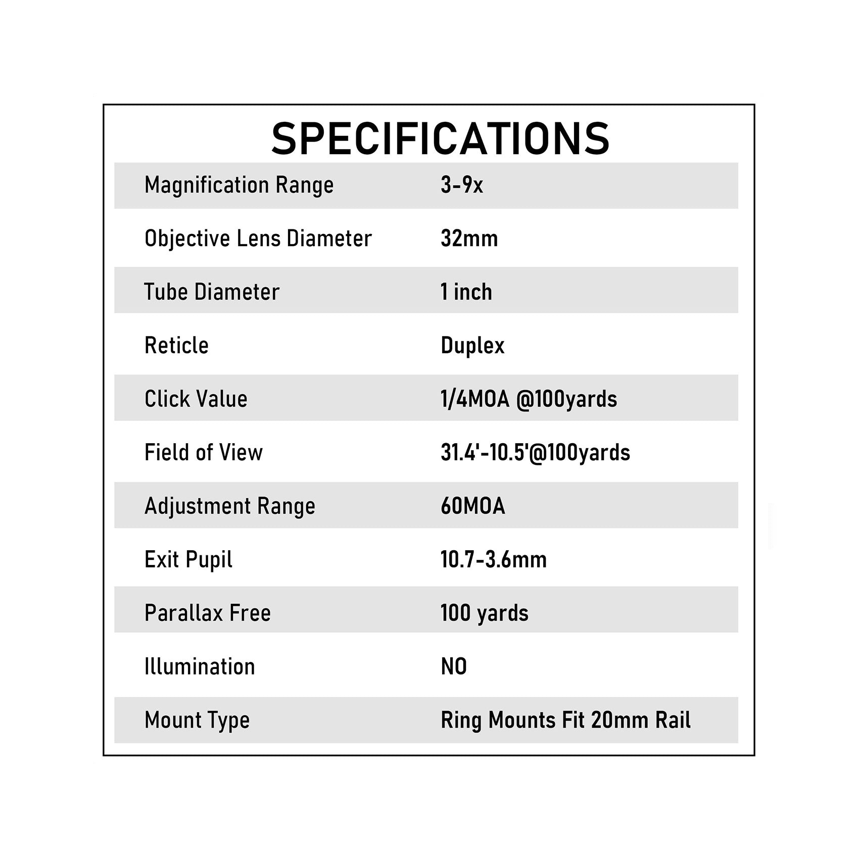 Specification sheet for UUQ 3-9x32mm rifle scope, including magnification range, objective lens diameter, tube diameter, reticle, click value, field of view, adjustment range, exit pupil, parallax, illumination, and mount type.
